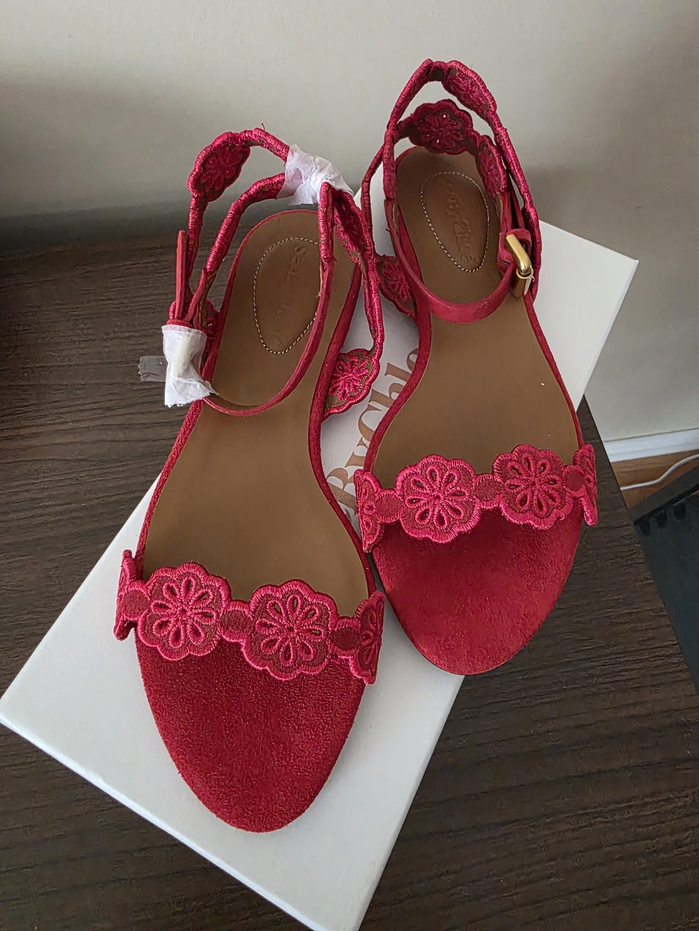 See by Chloe red suede ankle strap sandals